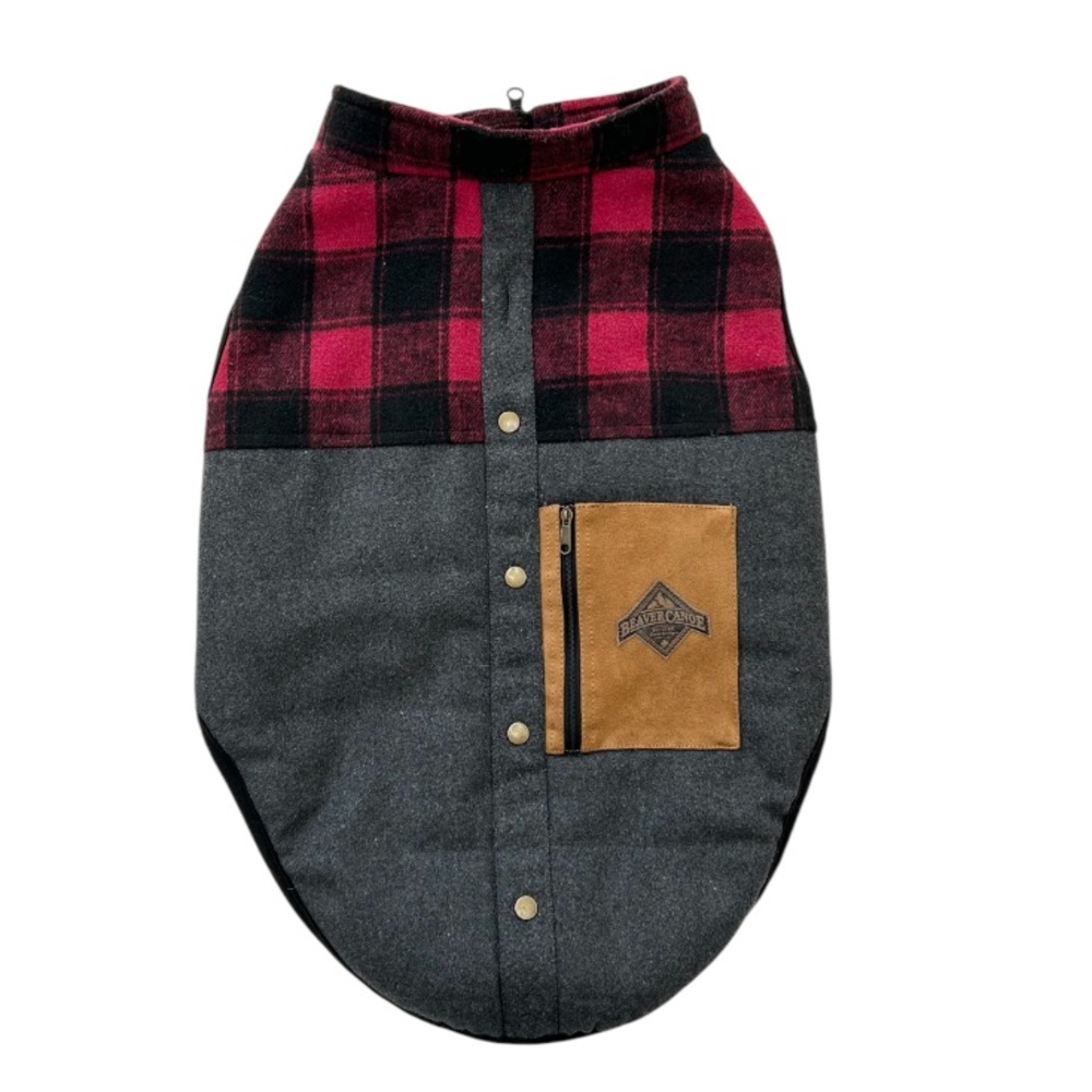 Beaver Canoe Colourblock Red & Grey Buffalo Plaid Dog Jacket with Pocket